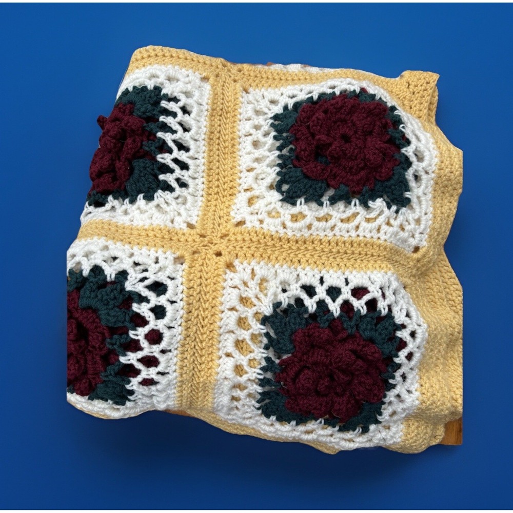 Handmade‎ Crochet Afghan Lap Blanket throw ROSANNE Rosettes Granny Squares